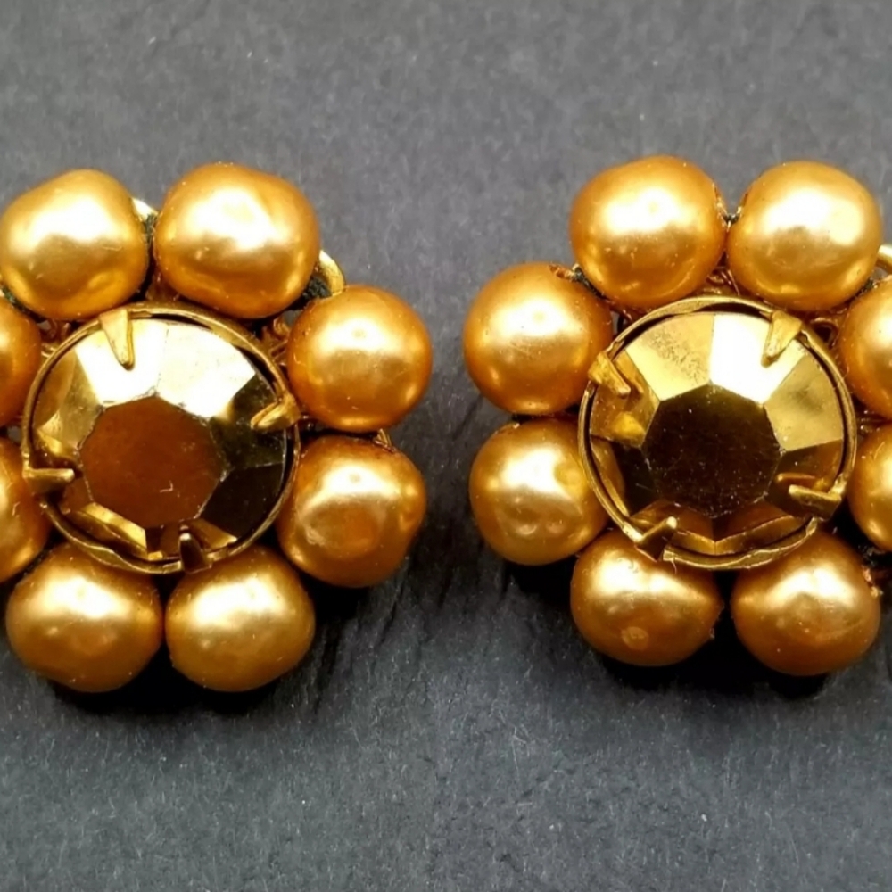 Vintage 1970s Miriam Haskell Signed Copper Faux Pearl & Crystal Clip On Earrings